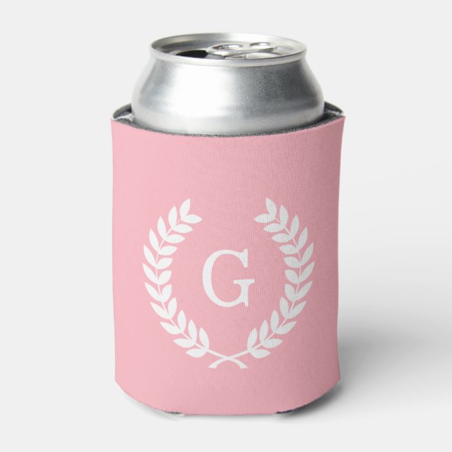 Pink White Wheat Laurel Wreath Initial Monogram Can Cooler (Can Front)