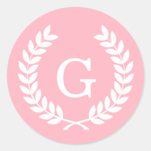 Pink White Wheat Laurel Wreath Initial Monogram Classic Round Sticker