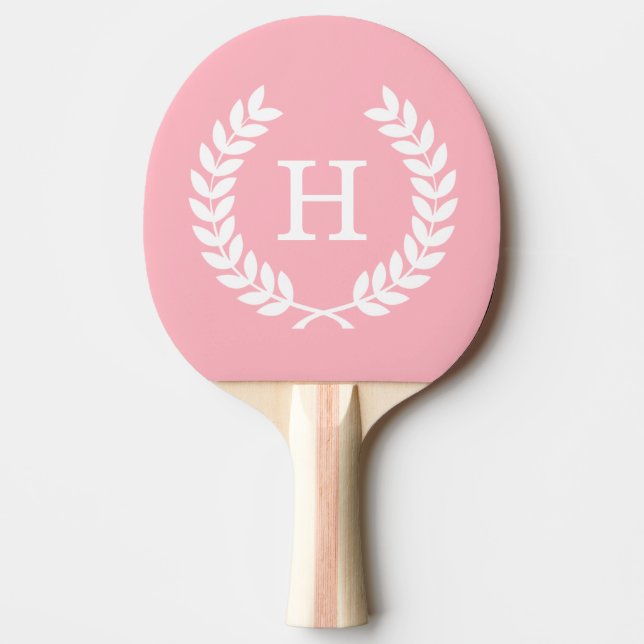 Pink White Wheat Laurel Wreath Initial Monogram Ping Pong Paddle (Front)