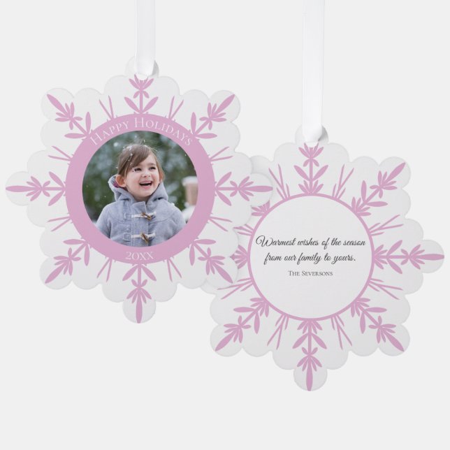 Pink White Winter Snowflake Happy Holidays Dated Tree Decoration Card (Front/Back)