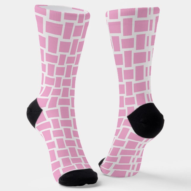 Pink White Woven Blocks Pattern Socks (Angled)