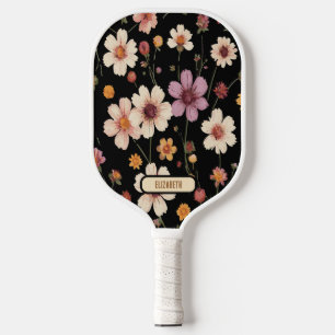 Pink White Yellow Flower Pattern Black Background Pickleball Paddle
