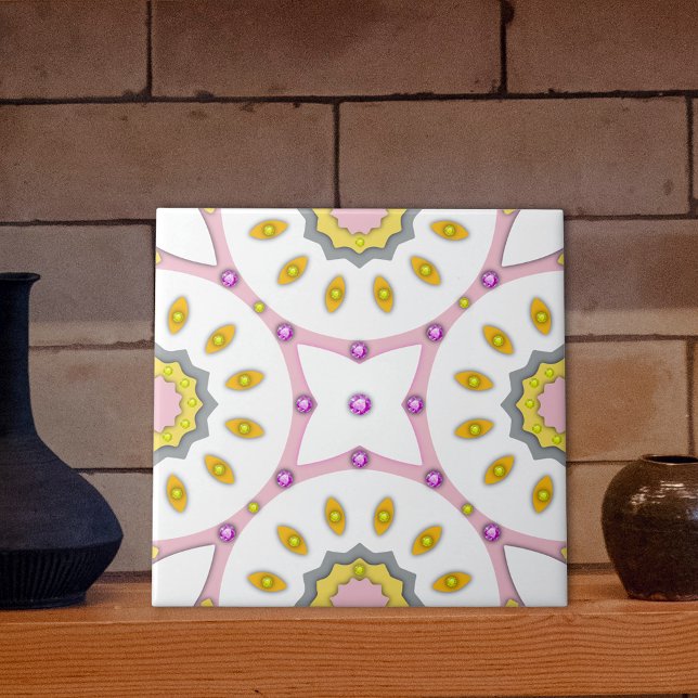 Pink White & Yellow Moroccan Pattern With Diamonds Ceramic Tile (Creator Uploaded)