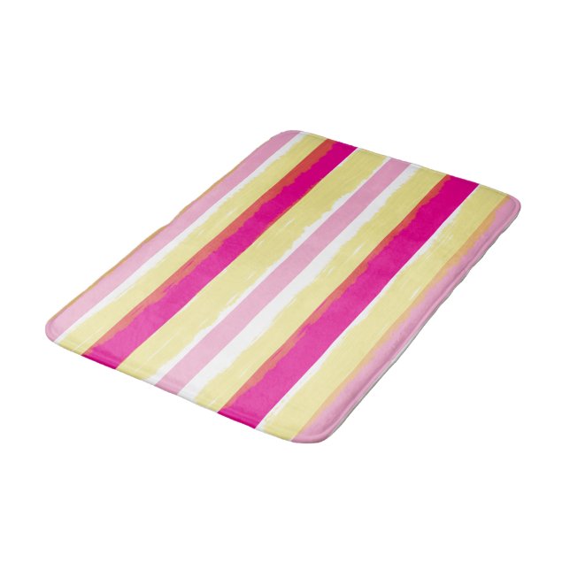 Pink White Yellow Summer Stripes Bath Mat (Angled)
