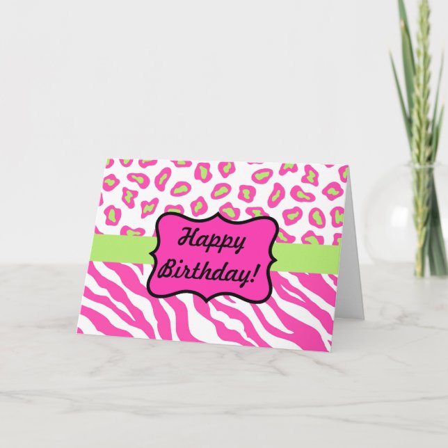 Pink & White Zebra & Cheeta Skin Personalised Card (Front)