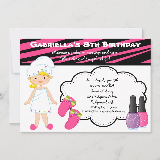 Pink & White Zebra Girls Spa Invite (Front)