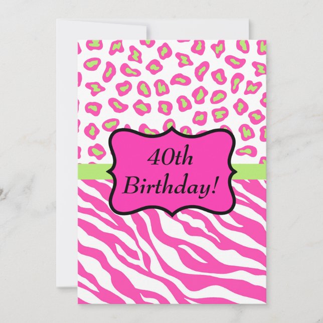 Pink White Zebra Leopard 40th Birthday Party Invitation (Front)