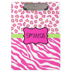 Pink White Zebra Leopard Skin Monogram Clipboard
