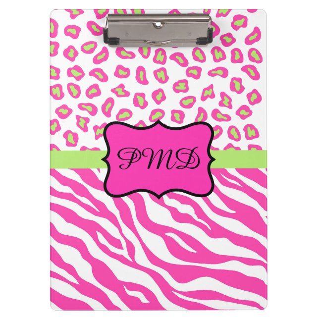 Pink White Zebra Leopard Skin Monogram Clipboard (Front)