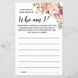 Pink Who am I Baby shower bilingual game card
