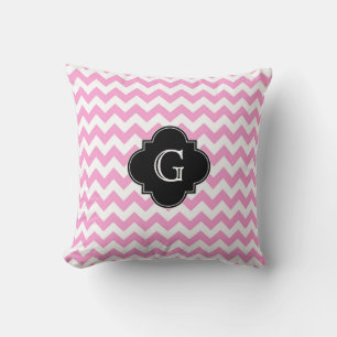 Pink Wht Chevron Zigzag Black Quatrefoil Monogram Cushion