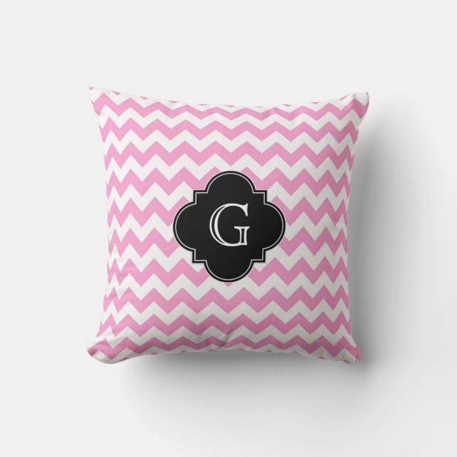 Pink Wht Chevron Zigzag Black Quatrefoil Monogram Cushion (Front)