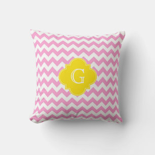 Pink Wht Chevron Zigzag Yellow Quatrefoil Monogram Cushion