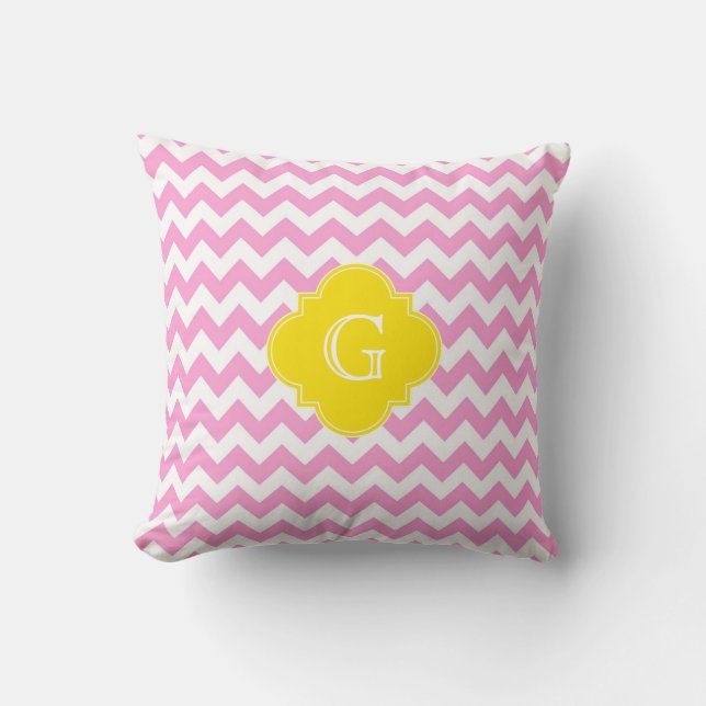 Pink Wht Chevron Zigzag Yellow Quatrefoil Monogram Cushion (Front)