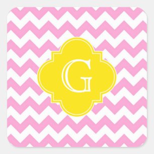 Pink Wht Chevron Zigzag Yellow Quatrefoil Monogram Square Sticker