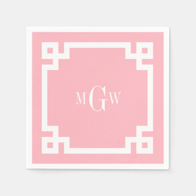 Pink Wht Greek Key #2 Framed 3 Init Monogram Napkin (Front)
