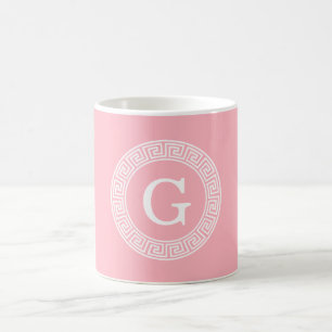 Pink Wht Greek Key Rnd Frame Initial Monogram Coffee Mug