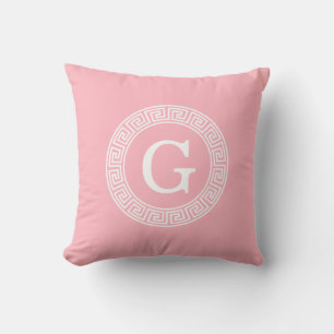 Pink Wht Greek Key Rnd Frame Initial Monogram Cushion
