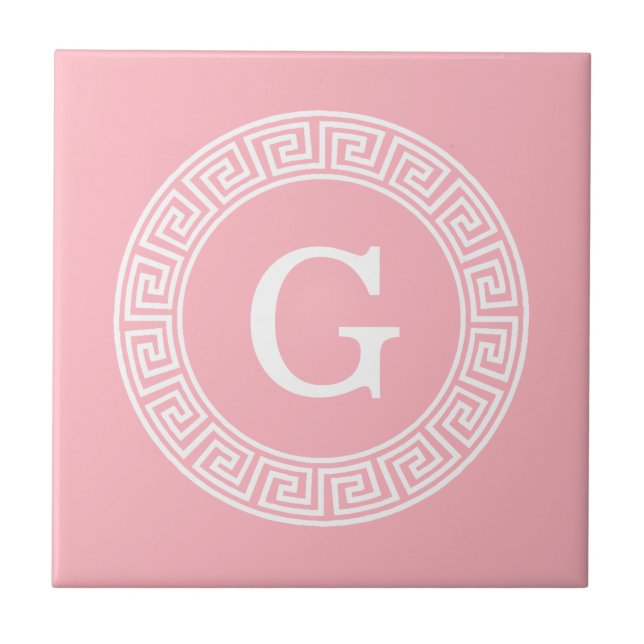 Pink Wht Greek Key Rnd Frame Initial Monogram Tile (Front)
