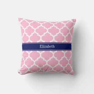 Pink Wht Moroccan #5 Navy Blue 5c Name Monogram Cushion