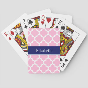 Pink Wht Moroccan #5 Navy Blue 5c Name Monogram Playing Cards