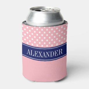 Pink Wht Polka Dot CB Navy Name Monogram Can Cooler