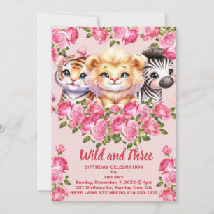 Pink Wild and 3 Years Old Girl's Birthday Party Invitation