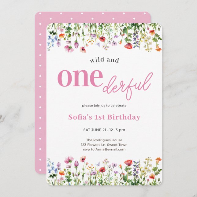 Pink Wild and Onederful Wildflower 1st Birthday Invitation (Front/Back)