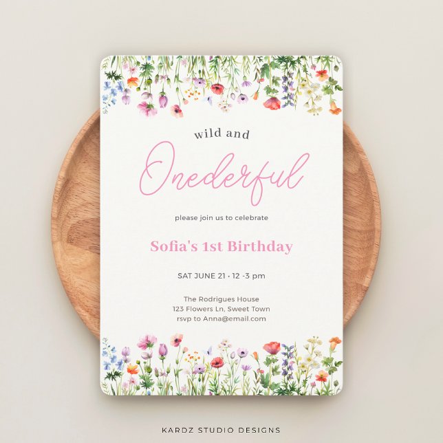 Pink Wild and Onederful Wildflower 1st Birthday Invitation (Invite shown in 5 x 7 in. with round corners. Choose paper and corner style. )