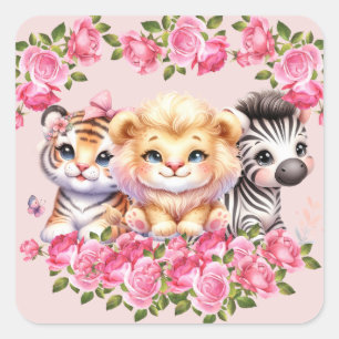 Pink WIld Animal Girl's Baby Shower Invitation Square Sticker