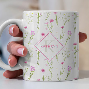 Pink Wild Flower Illustrated Monogram Coffee Mug