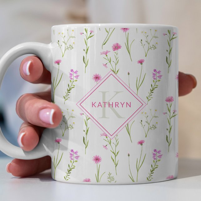 Pink Wild Flower Illustrated Monogram Coffee Mug (Creator Uploaded)