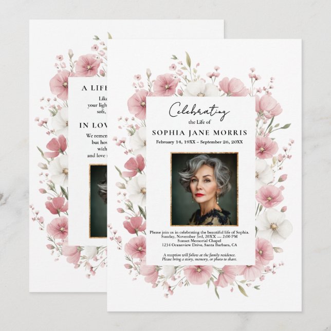 Pink Wild Flowers Funeral Invitation (Front/Back)