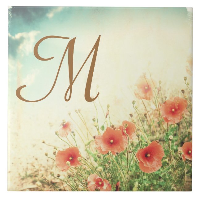 Pink Wild Flowers in Field Monogram Display Tile (Front)