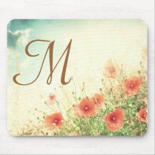 Pink Wild Flowers Monogram Initial Mouse Pad