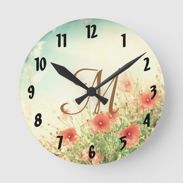 Pink Wild Flowers Monogram Initial Wall Clock (Front)