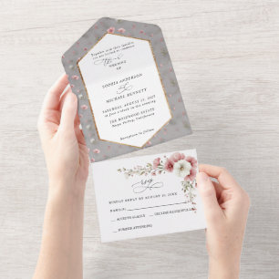 Pink Wild Flowers Wedding All In One Invitation