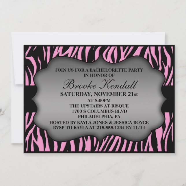 Pink Wild Night Zebra Print Bachelorette Party Invitation (Front)