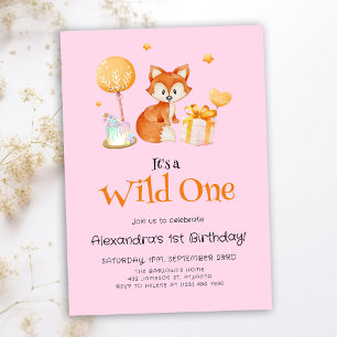 Pink Wild One Baby Girl First Birthday Invitation