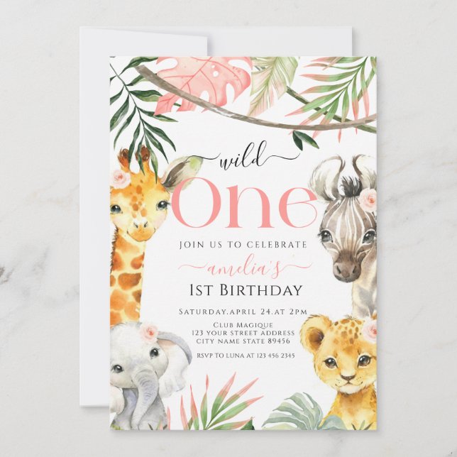 Pink Wild One Safari Jungle 1st Birthday girl Invitation (Front)