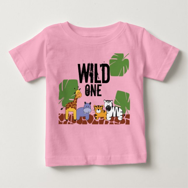 Pink "WILD ONE" Safari Jungle Theme First Birthday Baby T-Shirt (Front)