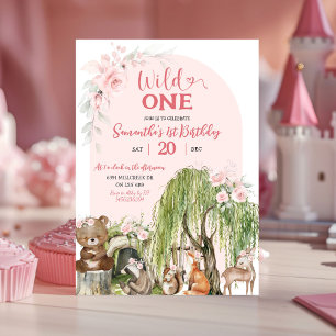 Pink Wild One Woodland Animals Girl First Birthday Invitation