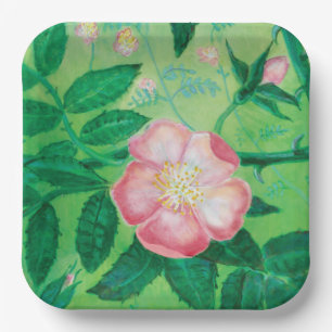 Pink Wild Rose Blooms Illustration Paper Plate
