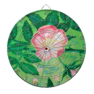 Pink Wild Rose Flowers & Green Leaves Illustration Dartboard