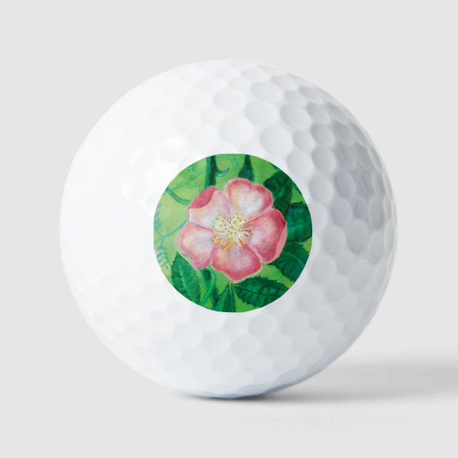 Pink Wild Rose Flowers & Green Leaves Illustration Golf Balls (Front)