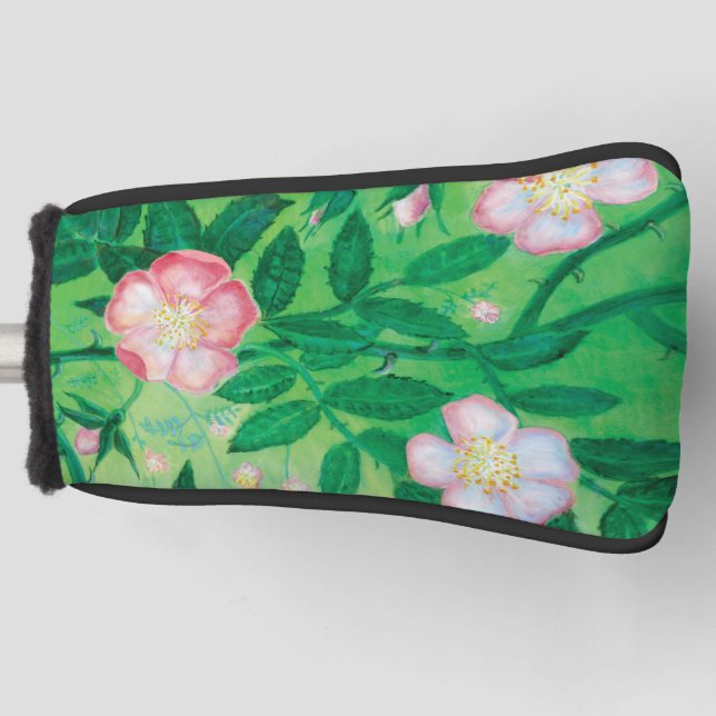 Pink Wild Rose Flowers & Green Leaves Illustration Golf Head Cover (Front)