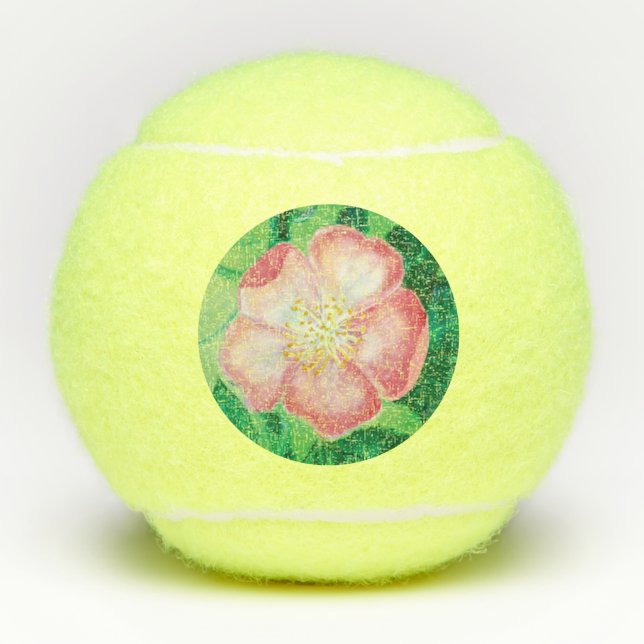 Pink Wild Rose Flowers & Green Leaves Illustration Tennis Balls (Front)