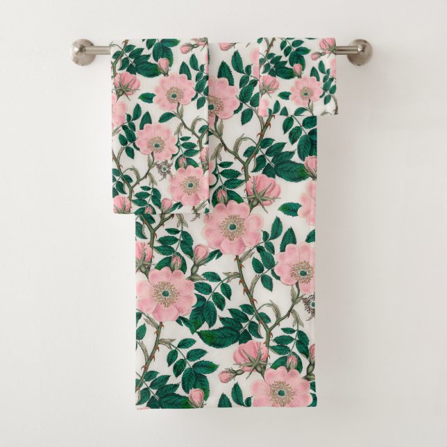 Pink Wild Rose Flowers & Green Leaves Pattern Bath Towel Set (Insitu)