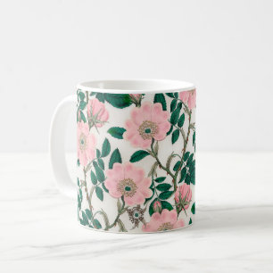 Pink Wild Rose Flowers & Green Leaves Pattern Coffee Mug