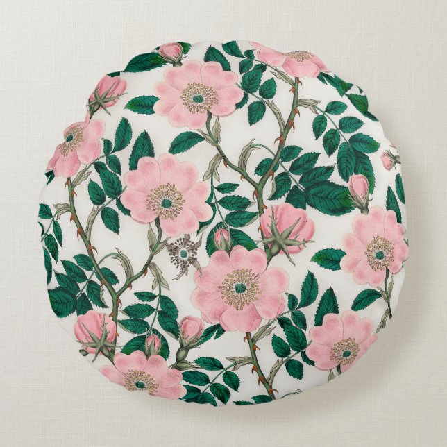 Pink Wild Rose Flowers & Green Leaves Pattern Round Cushion (Front)